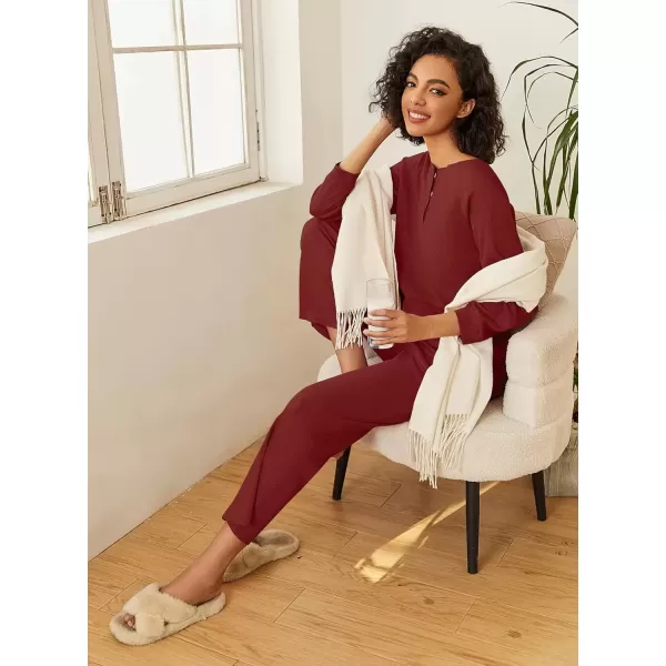 imageEkouaer Waffle Knit Pajamas for Women Set Long Sleeve Pants Pj Henley Tops Lounge Sets Comfy Sleepwear with PocketsDark Red