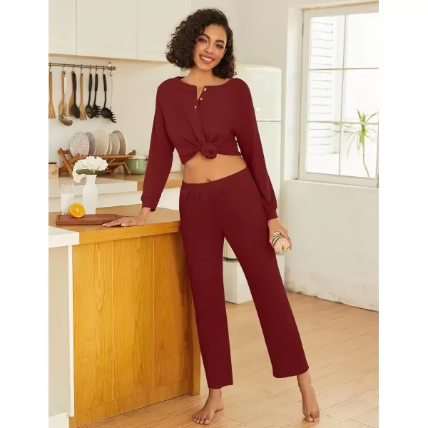 imageEkouaer Waffle Knit Pajamas for Women Set Long Sleeve Pants Pj Henley Tops Lounge Sets Comfy Sleepwear with PocketsDark Red