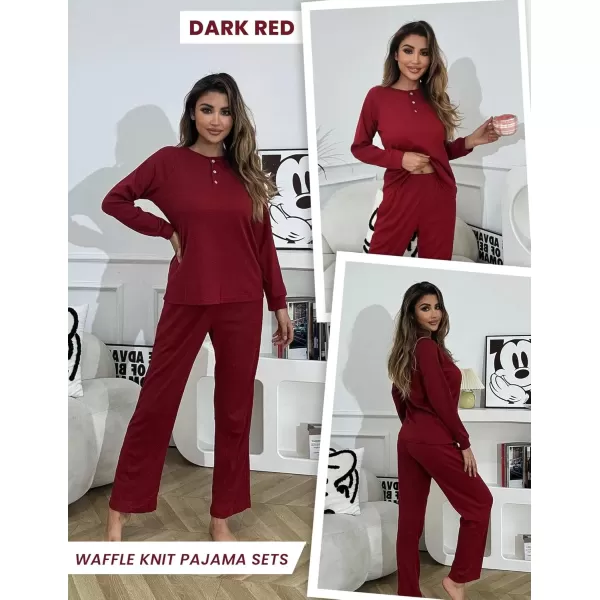 imageEkouaer Waffle Knit Pajamas for Women Set Long Sleeve Pants Pj Henley Tops Lounge Sets Comfy Sleepwear with PocketsDark Red