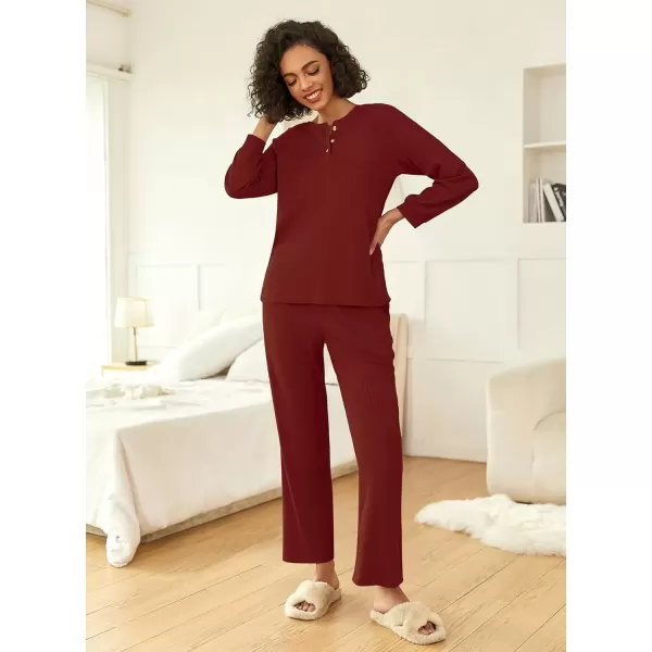 imageEkouaer Waffle Knit Pajamas for Women Set Long Sleeve Pants Pj Henley Tops Lounge Sets Comfy Sleepwear with PocketsDark Red