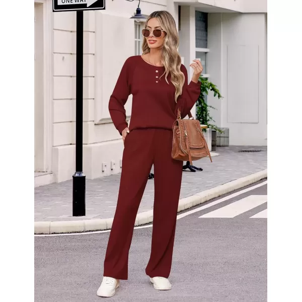 imageEkouaer Waffle Knit Pajamas for Women Set Long Sleeve Pants Pj Henley Tops Lounge Sets Comfy Sleepwear with PocketsDark Red