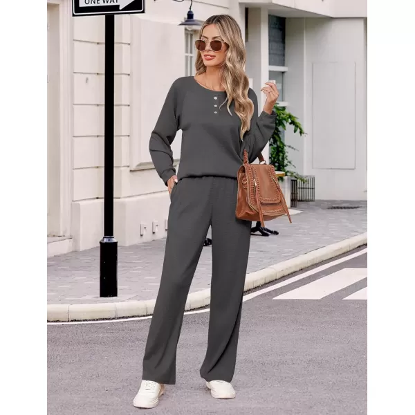 imageEkouaer Waffle Knit Pajamas for Women Set Long Sleeve Pants Pj Henley Tops Lounge Sets Comfy Sleepwear with PocketsDeep Grey