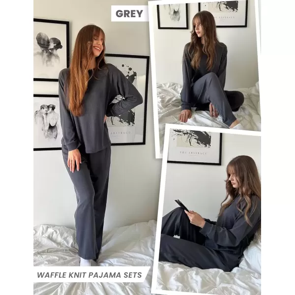 imageEkouaer Waffle Knit Pajamas for Women Set Long Sleeve Pants Pj Henley Tops Lounge Sets Comfy Sleepwear with PocketsDeep Grey