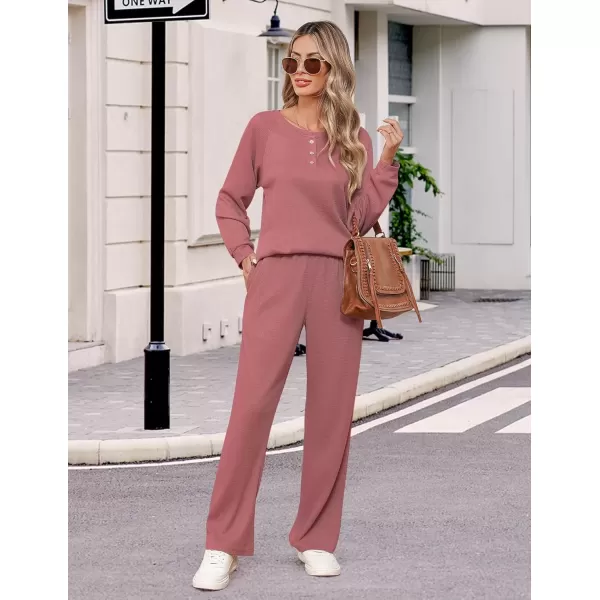 imageEkouaer Waffle Knit Pajamas for Women Set Long Sleeve Pants Pj Henley Tops Lounge Sets Comfy Sleepwear with PocketsDusty Rose