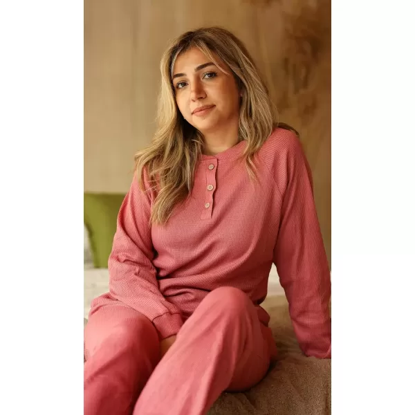 imageEkouaer Waffle Knit Pajamas for Women Set Long Sleeve Pants Pj Henley Tops Lounge Sets Comfy Sleepwear with PocketsDusty Rose