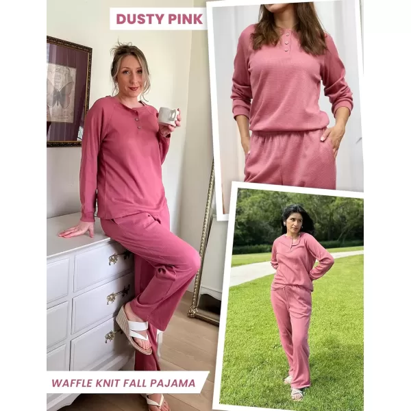 imageEkouaer Waffle Knit Pajamas for Women Set Long Sleeve Pants Pj Henley Tops Lounge Sets Comfy Sleepwear with PocketsDusty Rose