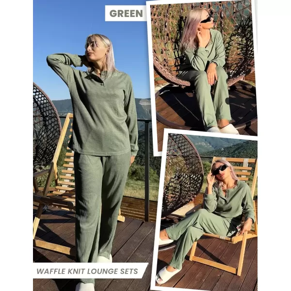 imageEkouaer Waffle Knit Pajamas for Women Set Long Sleeve Pants Pj Henley Tops Lounge Sets Comfy Sleepwear with PocketsGreen