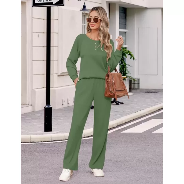 imageEkouaer Waffle Knit Pajamas for Women Set Long Sleeve Pants Pj Henley Tops Lounge Sets Comfy Sleepwear with PocketsGreen