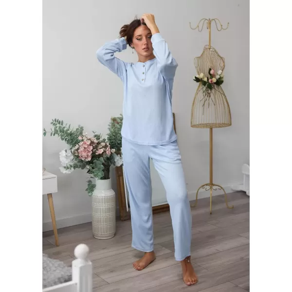 imageEkouaer Waffle Knit Pajamas for Women Set Long Sleeve Pants Pj Henley Tops Lounge Sets Comfy Sleepwear with PocketsLight Blue