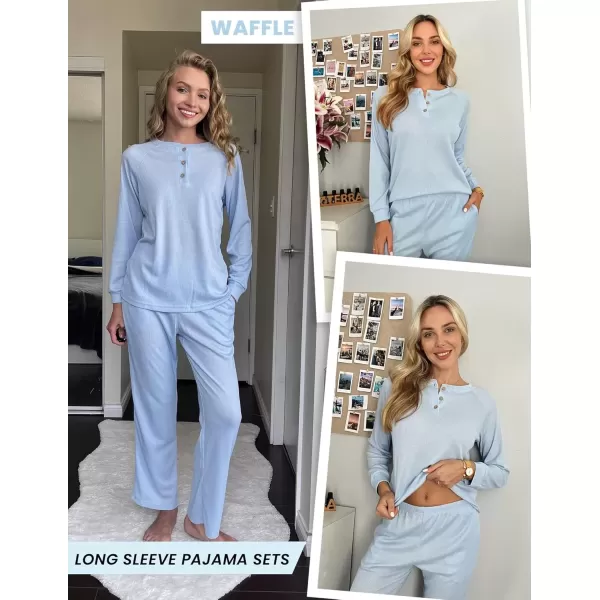 imageEkouaer Waffle Knit Pajamas for Women Set Long Sleeve Pants Pj Henley Tops Lounge Sets Comfy Sleepwear with PocketsLight Blue