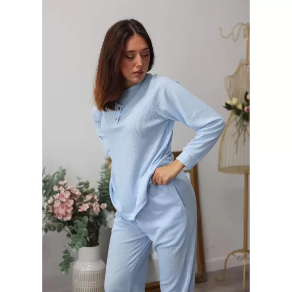 imageEkouaer Waffle Knit Pajamas for Women Set Long Sleeve Pants Pj Henley Tops Lounge Sets Comfy Sleepwear with PocketsLight Blue