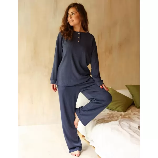 imageEkouaer Waffle Knit Pajamas for Women Set Long Sleeve Pants Pj Henley Tops Lounge Sets Comfy Sleepwear with PocketsNavy Blue