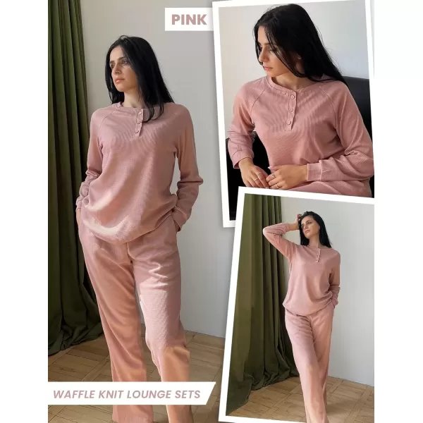 imageEkouaer Waffle Knit Pajamas for Women Set Long Sleeve Pants Pj Henley Tops Lounge Sets Comfy Sleepwear with PocketsPale Mauve