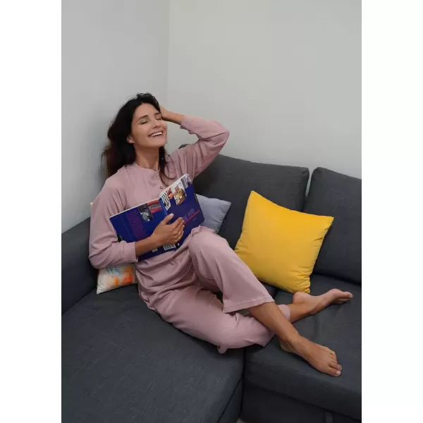 imageEkouaer Waffle Knit Pajamas for Women Set Long Sleeve Pants Pj Henley Tops Lounge Sets Comfy Sleepwear with PocketsPale Mauve