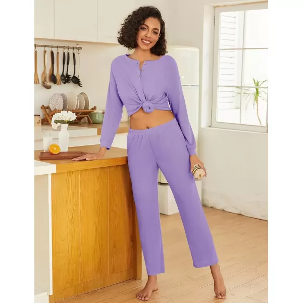 imageEkouaer Waffle Knit Pajamas for Women Set Long Sleeve Pants Pj Henley Tops Lounge Sets Comfy Sleepwear with PocketsPurple