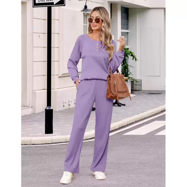 imageEkouaer Waffle Knit Pajamas for Women Set Long Sleeve Pants Pj Henley Tops Lounge Sets Comfy Sleepwear with PocketsPurple