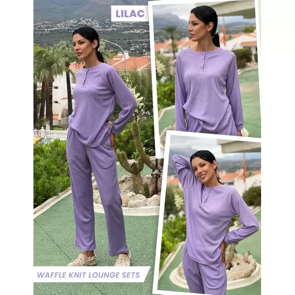 imageEkouaer Waffle Knit Pajamas for Women Set Long Sleeve Pants Pj Henley Tops Lounge Sets Comfy Sleepwear with PocketsPurple