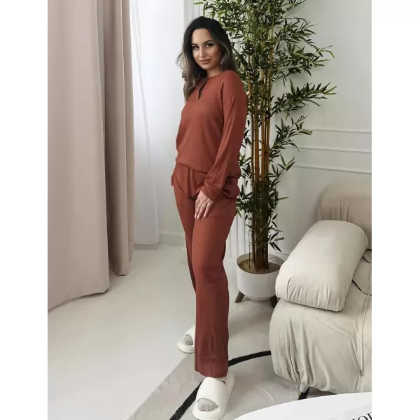 imageEkouaer Waffle Knit Pajamas for Women Set Long Sleeve Pants Pj Henley Tops Lounge Sets Comfy Sleepwear with PocketsRusty Red