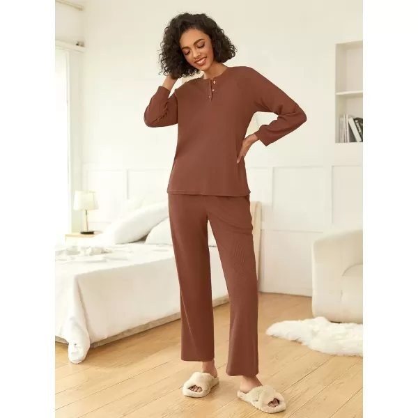 imageEkouaer Waffle Knit Pajamas for Women Set Long Sleeve Pants Pj Henley Tops Lounge Sets Comfy Sleepwear with PocketsRusty Red