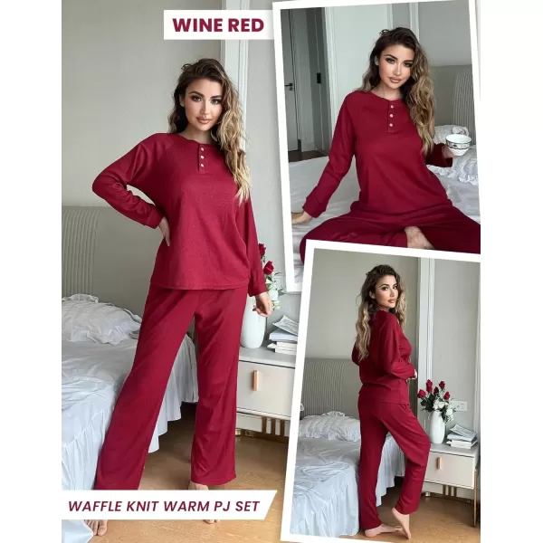 imageEkouaer Waffle Knit Pajamas for Women Set Long Sleeve Pants Pj Henley Tops Lounge Sets Comfy Sleepwear with PocketsWine Red