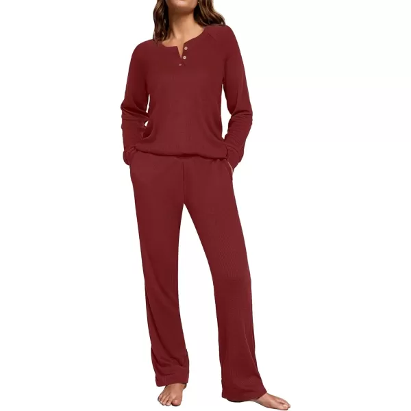 imageEkouaer Waffle Knit Pajamas for Women Set Long Sleeve Pants Pj Henley Tops Lounge Sets Comfy Sleepwear with PocketsWine Red