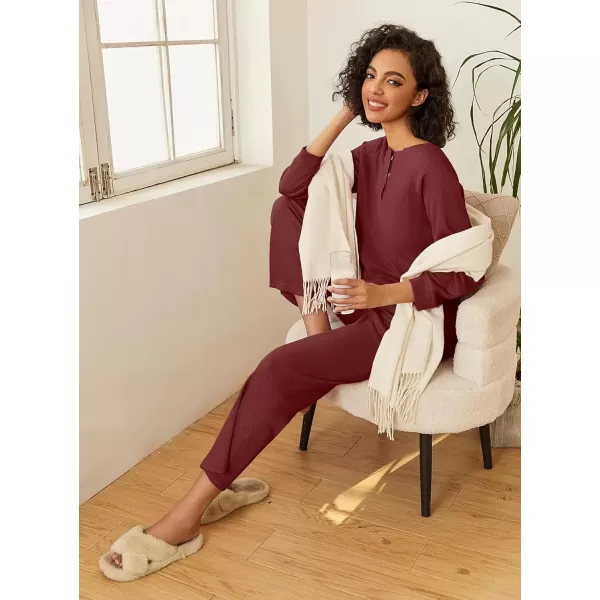 imageEkouaer Waffle Knit Pajamas for Women Set Long Sleeve Pants Pj Henley Tops Lounge Sets Comfy Sleepwear with PocketsWine Red