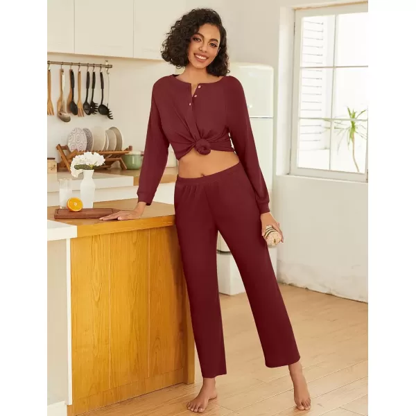 imageEkouaer Waffle Knit Pajamas for Women Set Long Sleeve Pants Pj Henley Tops Lounge Sets Comfy Sleepwear with PocketsWine Red