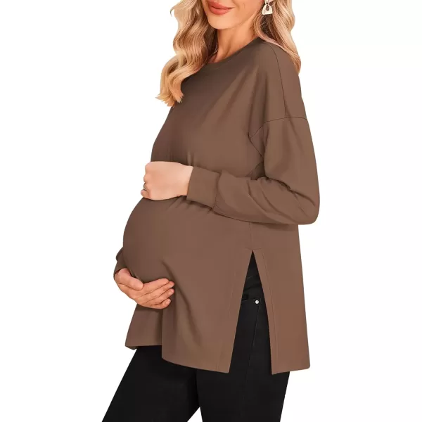 imageEkouaer Womens Maternity Shirts Long Sleeve Split Side Pregnancy Tee Top Tunic Blouse Casual Mama ClothesBrown 1