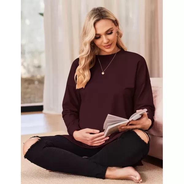 imageEkouaer Womens Maternity Shirts Long Sleeve Split Side Pregnancy Tee Top Tunic Blouse Casual Mama ClothesBurgundy