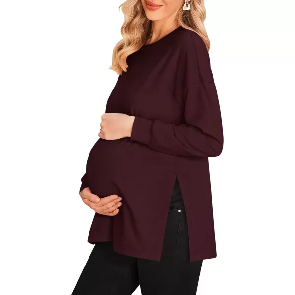 imageEkouaer Womens Maternity Shirts Long Sleeve Split Side Pregnancy Tee Top Tunic Blouse Casual Mama ClothesBurgundy
