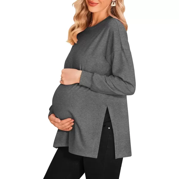 imageEkouaer Womens Maternity Shirts Long Sleeve Split Side Pregnancy Tee Top Tunic Blouse Casual Mama ClothesDark Gery