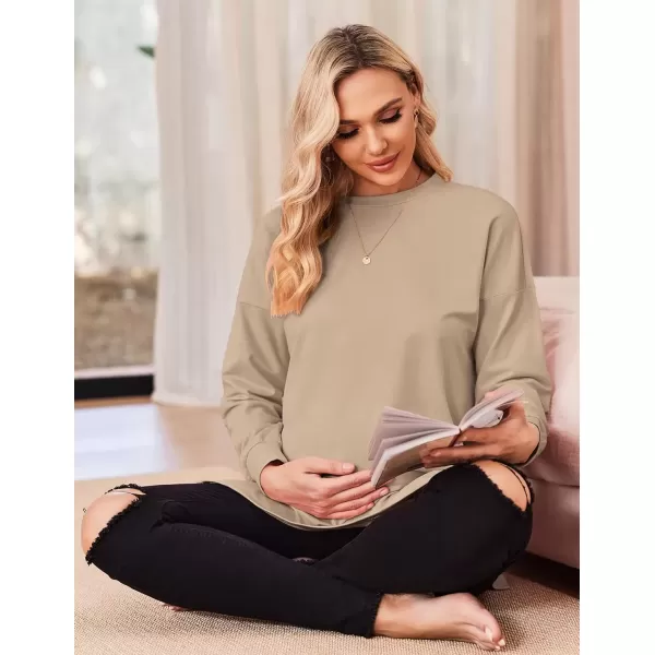 imageEkouaer Womens Maternity Shirts Long Sleeve Split Side Pregnancy Tee Top Tunic Blouse Casual Mama ClothesKhaki 1