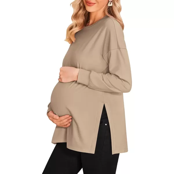 imageEkouaer Womens Maternity Shirts Long Sleeve Split Side Pregnancy Tee Top Tunic Blouse Casual Mama ClothesKhaki 1