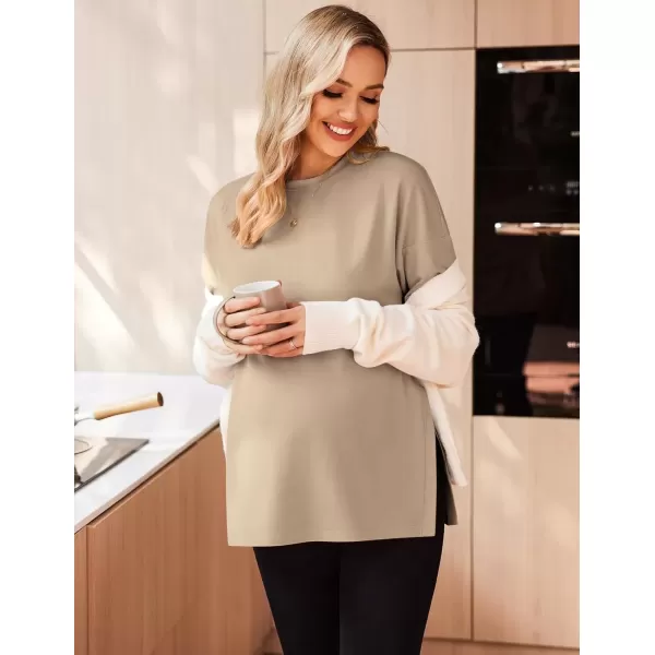 imageEkouaer Womens Maternity Shirts Long Sleeve Split Side Pregnancy Tee Top Tunic Blouse Casual Mama ClothesKhaki 1