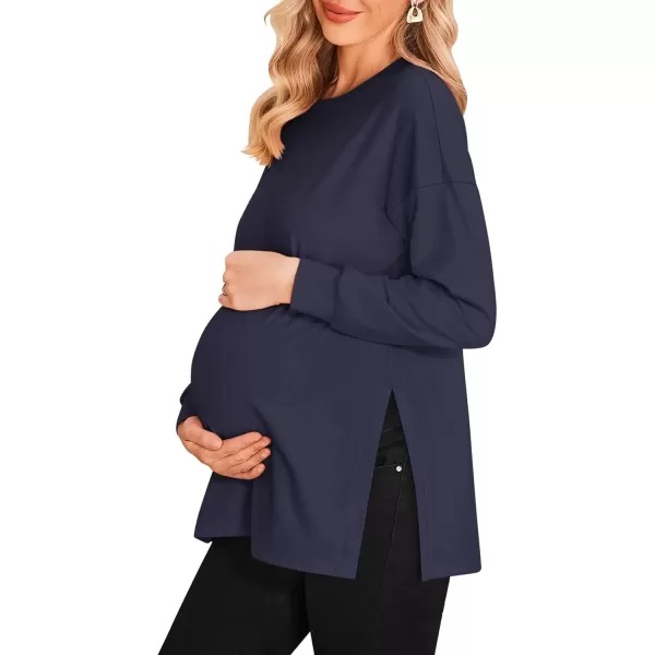 imageEkouaer Womens Maternity Shirts Long Sleeve Split Side Pregnancy Tee Top Tunic Blouse Casual Mama ClothesNavy