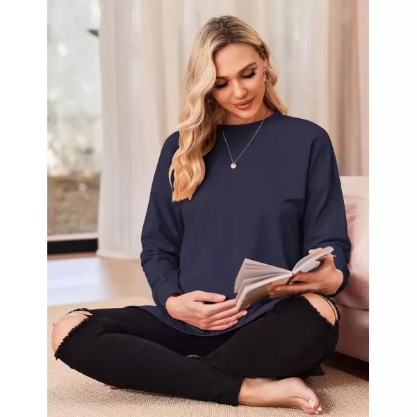 imageEkouaer Womens Maternity Shirts Long Sleeve Split Side Pregnancy Tee Top Tunic Blouse Casual Mama ClothesNavy