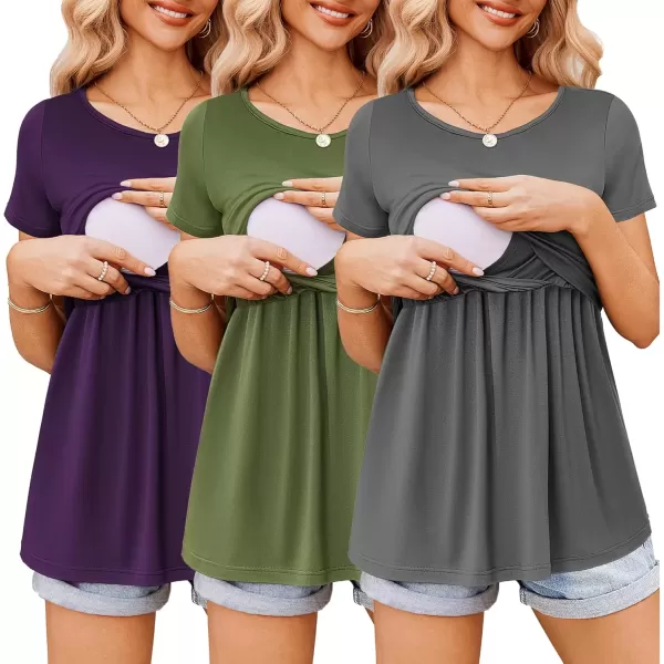 imageEkouaer Womens Nursing Tops 3 Packs Nursing Shirts Short Sleeve Maternity Breastfeeding Tee Shirts Pregnancy TeePurpledark Graydeep Green