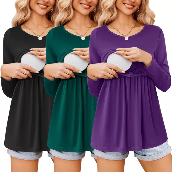 imageEkouaer Womens Nursing Tops Long Sleeve Nursing Shirts Double Layer Maternity Clothes 3 Packs Breastfeeding ShirtsBlackPurpleLake Green