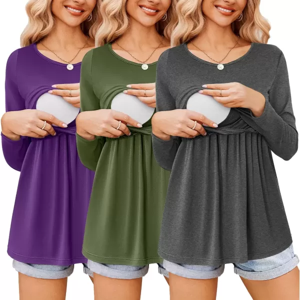 imageEkouaer Womens Nursing Tops Long Sleeve Nursing Shirts Double Layer Maternity Clothes 3 Packs Breastfeeding ShirtsPurpleArmy GreenGrey