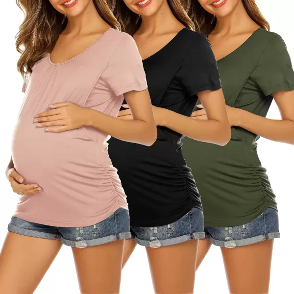 imageEkouaer Womens Nursing Tops for Breastfeeding 3 Pack Maternity Shirts Double Layer Pregnancy Clothes Postpartum Tee Shirt3pcs Army Green  Black  Dirty Pink