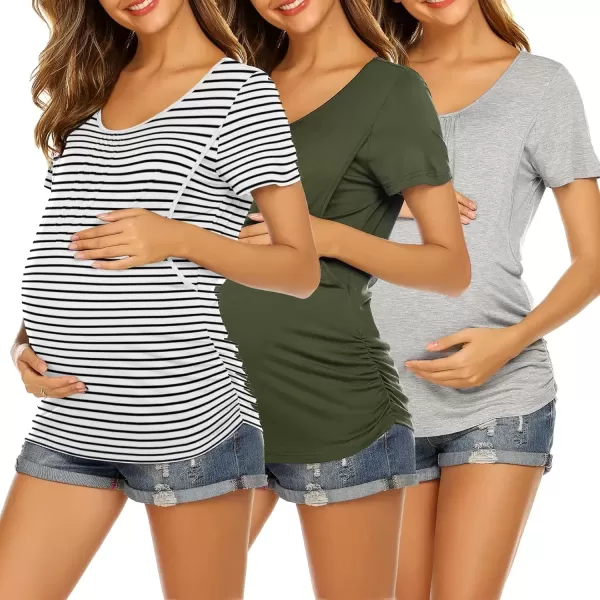 imageEkouaer Womens Nursing Tops for Breastfeeding 3 Pack Maternity Shirts Double Layer Pregnancy Clothes Postpartum Tee Shirt3pcs Army Green  Grey  White Stripe