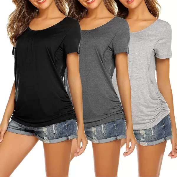 imageEkouaer Womens Nursing Tops for Breastfeeding 3 Pack Maternity Shirts Double Layer Pregnancy Clothes Postpartum Tee Shirt3pcs Black  Flecking Grey  Grey