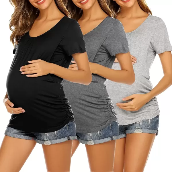 imageEkouaer Womens Nursing Tops for Breastfeeding 3 Pack Maternity Shirts Double Layer Pregnancy Clothes Postpartum Tee Shirt3pcs Black  Flecking Grey  Grey