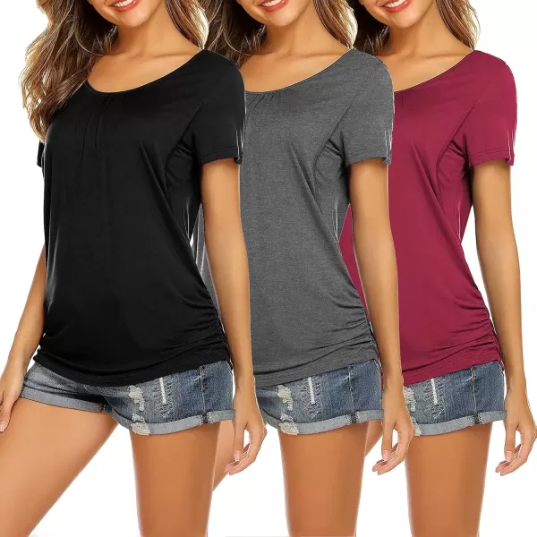 imageEkouaer Womens Nursing Tops for Breastfeeding 3 Pack Maternity Shirts Double Layer Pregnancy Clothes Postpartum Tee Shirt3pcs Black  Flecking Grey  Wine Red
