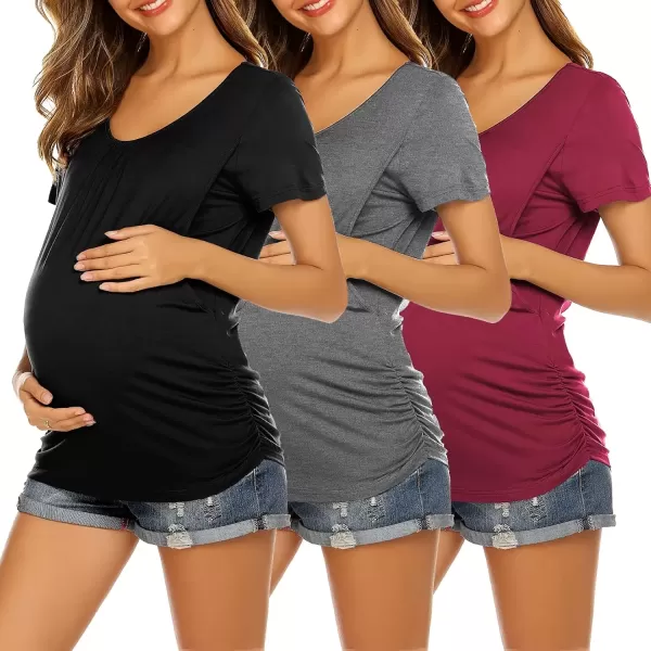 imageEkouaer Womens Nursing Tops for Breastfeeding 3 Pack Maternity Shirts Double Layer Pregnancy Clothes Postpartum Tee Shirt3pcs Black  Flecking Grey  Wine Red