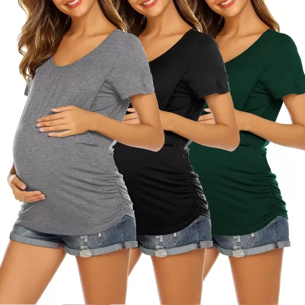 imageEkouaer Womens Nursing Tops for Breastfeeding 3 Pack Maternity Shirts Double Layer Pregnancy Clothes Postpartum Tee Shirt3pcs Black  Green  Light Grey