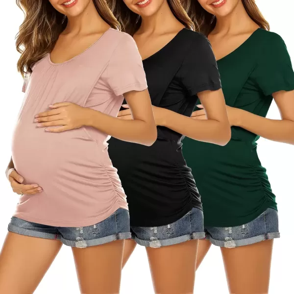 imageEkouaer Womens Nursing Tops for Breastfeeding 3 Pack Maternity Shirts Double Layer Pregnancy Clothes Postpartum Tee Shirt3pcs Black  Green  Pink
