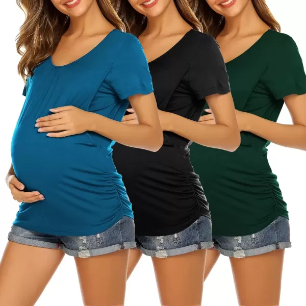 imageEkouaer Womens Nursing Tops for Breastfeeding 3 Pack Maternity Shirts Double Layer Pregnancy Clothes Postpartum Tee Shirt3pcs Black  Green  Teal