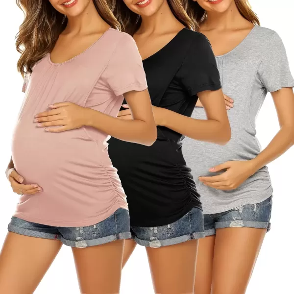 imageEkouaer Womens Nursing Tops for Breastfeeding 3 Pack Maternity Shirts Double Layer Pregnancy Clothes Postpartum Tee Shirt3pcs Black  Grey  Pink