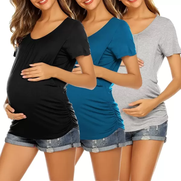 imageEkouaer Womens Nursing Tops for Breastfeeding 3 Pack Maternity Shirts Double Layer Pregnancy Clothes Postpartum Tee Shirt3pcs Black  Grey  Teal